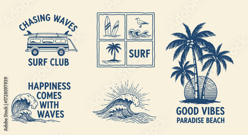 A collection of vintage hand-drawn surf club and beach-themed illustrations featuring waves, palm trees, surfboards, and a van, perfect for summer designs.