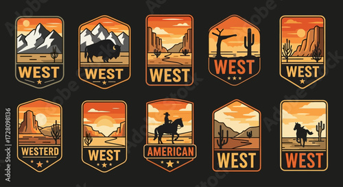 Collection of ten vintage Western badges featuring various desert landscapes, mountains, buffalo, and cowboys on horseback, with warm sunset colors.