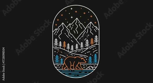 Stylized line art illustration of a bear walking by a lake in a mountain forest under a starry night sky.
