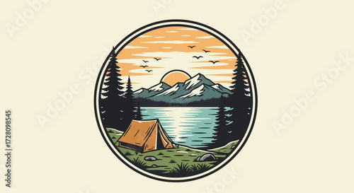 Vintage style camping emblem with tent by a serene lake, majestic mountains, and pine trees under a warm sunset sky, perfect for outdoor adventure designs.