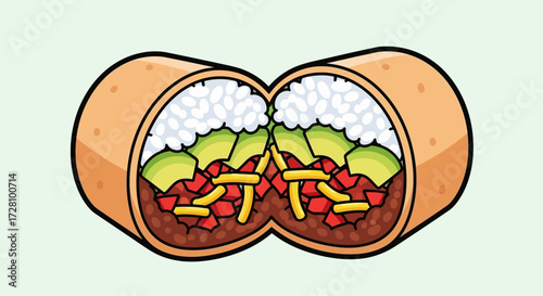 Burrito cut in half displaying layers of filling. Perfect for mexican food blogs, restaurant menus, and social media posts.