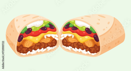 Delicious cut open burrito with colorful layers for mexican cuisine restaurant menus, food blogs, and social media posts.