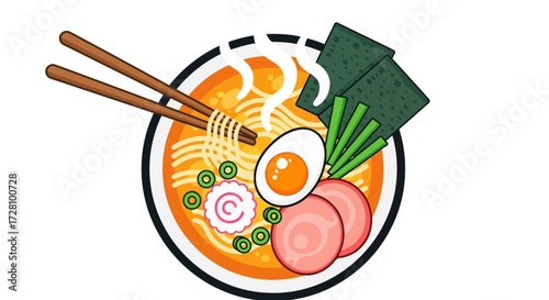 Steaming bowl of cartoon ramen featuring delicious toppings. Suitable for menus, food blogs, and illustrations celebrating asian cuisine.