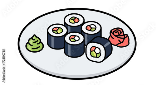Sushi rolls with wasabi and ginger on a plate, perfect for restaurant menus, food blogs, asian cuisine promotions, and social media.