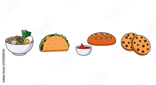 Bowl of soup, taco, bread, and cookies in cozy setup for food blogs, restaurant menus, recipe cards, or cooking magazines.