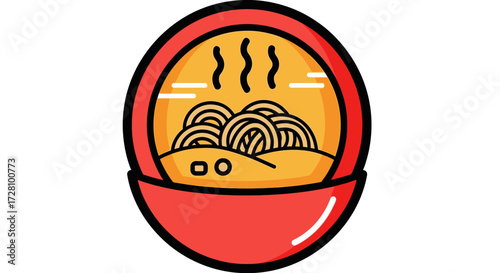 Red bowl of steaming noodles suitable for food blogs, restaurant menus, culinary social media posts, and asian cuisine advertisements.