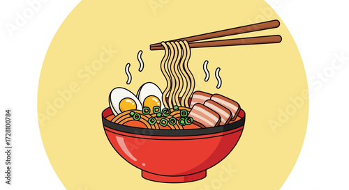 Delicious bowl of ramen with chopsticks, meat, and eggs. Perfect for food blogs, menus, and asian cuisine designs.