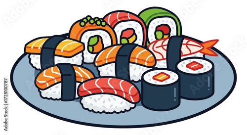 Plate with sushi rolls and nigiri toppings ready to eat, ideal for restaurants, food blogs, and menu designs. Perfect for japanese cuisine promotions.