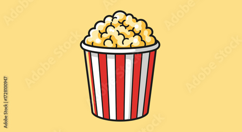 Container of red and white striped popcorn, perfect for food blogs, party invitations, and snack advertisements in vibrant colors.