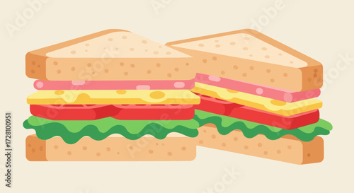 Perfect for food blogs or menu designs, these delicious triangular sandwiches with ham, cheese, tomato, and lettuce are appetizing and fresh.