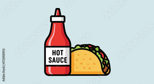 Bottle of hot sauce next to a tasty taco. Perfect for food blogs, menus, restaurant promotions, culinary websites, and social media.