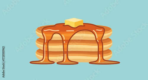 Stack of pancakes with butter and flowing syrup. Perfect for food blogs, breakfast menus, and culinary articles and social media posts.