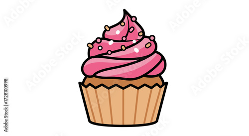 Cupcake with pink frosting and sprinkles, ideal for birthday celebrations, bakeries, dessert menus, party invitations, and sweet designs.