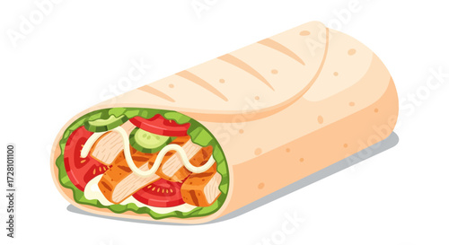 Chicken wrap with vegetables, sauce in a tortilla great for food blogs, menus, promotional materials, recipe books, and social media posts.