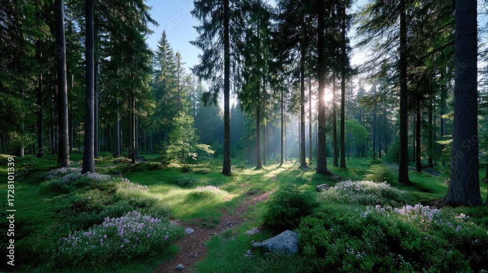 Obraz premium Sunlit Forest Scene with Golden Hour Light Shining Through Tall Trees and Lush Greenery on the Forest Floor Landscape