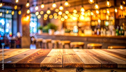 A close-up view of a wooden table with blurred cafe interior background, including lights and bar