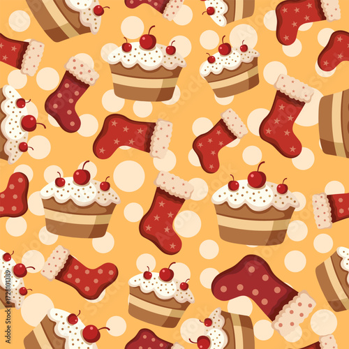 seamless pattern Festive holiday baking patterns featuring cupcakes and stockings whimsical design kitchen decor cheerful atmosphere