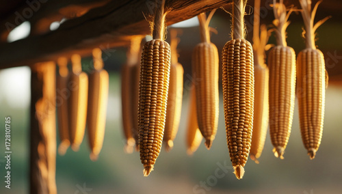 Corn hanging on wooden beam for drying.
