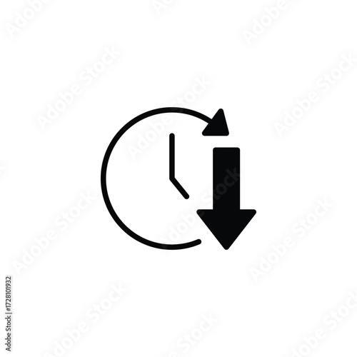 Less time in office work icon. Simple solid style. Time reduce, less, countdown clock watch timer shows decrease in turn around time concept. Silhouette, glyph symbol. Isolated design.