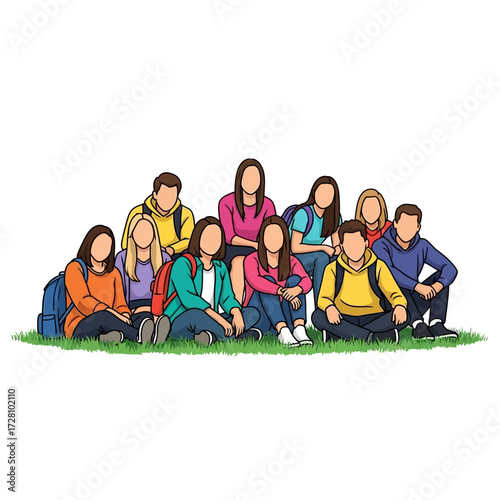 Diverse group ten young students, boys and girls, sitting together on green grass, wearing casual clothes and backpacks, with, symbolizing friendship and education