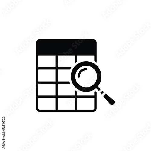 Data table search icon. Simple solid style. Magnifying glass over a data table, accounting, accountant, audit, analytics, assessment concept. Silhouette, glyph symbol. Isolated design.