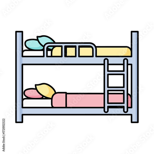 Simple cartoon blue bunk bed with yellow and pink bedding and pillows