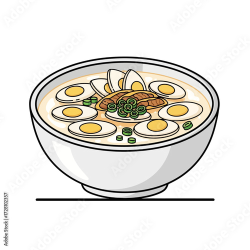 Delicious bowl ramen soup filled with sliced boiled eggs, green onions, and meat