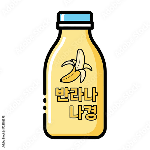 Cartoon banana milk drink bottle with peeled banana on it and korean text, isolated on