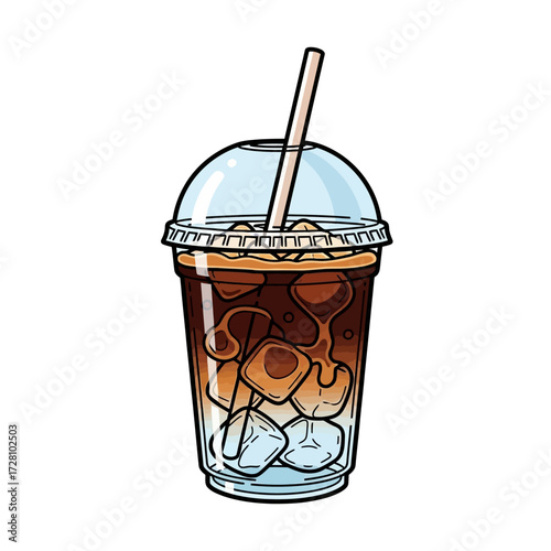 Refreshing iced coffee in clear plastic cup with dome lid and straw, showing ice cubes and dark coffee