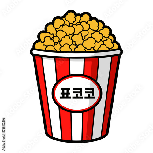 Classic red and striped bucket overflowing with golden popcorn, perfect for movie nights or snacks, isolated on