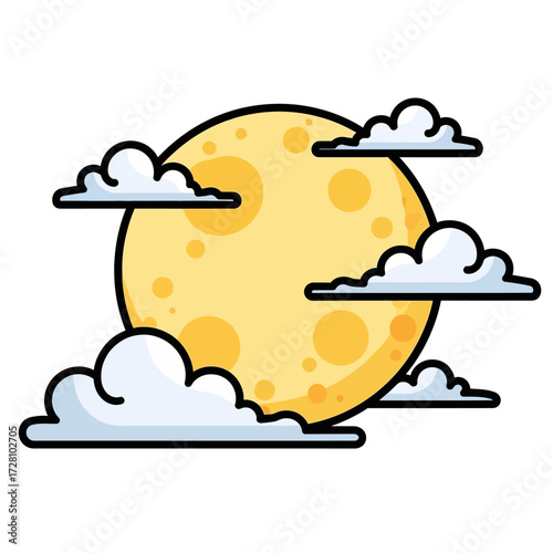 Cartoon full moon surrounded by fluffy clouds