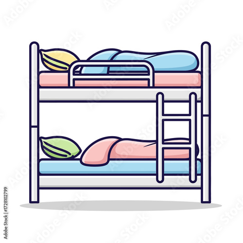Cartoon bunk bed with two beds, each with pillows and blankets, and ladder, suggesting sleeping arrangement for multiple people, isolated on