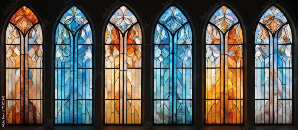 Obraz premium Stunning Array of Six Arched Stained Glass Church Windows with Unique Designs, Vibrant Colors, and Intricate Patterns