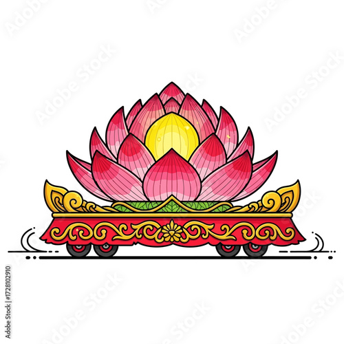 Vibrant, stylized lotus flower on decorative wheeled platform, symbolizing purity, enlightenment, and spiritual growth, isolated on