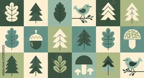 Scandinavian-style graphic pattern with simple, stylized icons of forest nature, including trees, leaves, mushrooms, and birds on a checkered background.