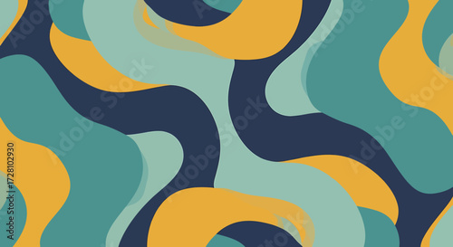 Abstract organic shapes in a repeating pattern with a retro color palette of teal, mustard yellow, and navy blue.