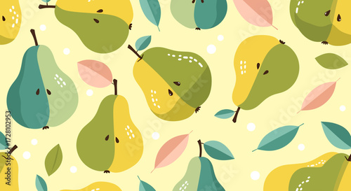 A seamless pattern of stylized two-tone green and yellow pears with leaves on a light background.