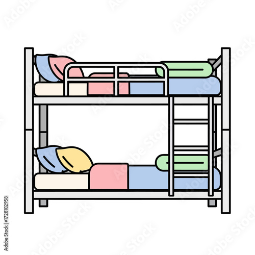 Clean, modern bunk bed with colorful bedding and pillows, suitable for representing sleep, accommodation, or childrens rooms, isolated on