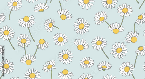 Daisies scattered on a light blue background, creating a floral pattern.