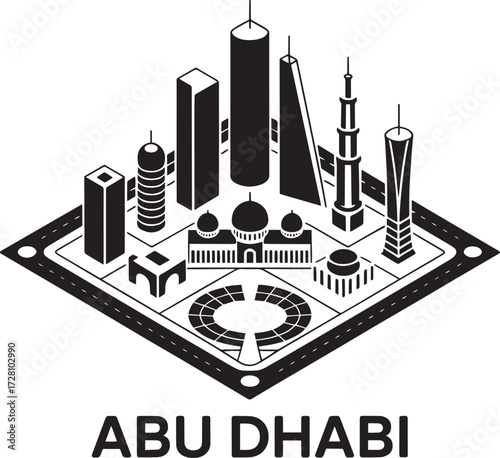Abu Dhabi isometric skyline: iconic buildings and landmarks cityscape