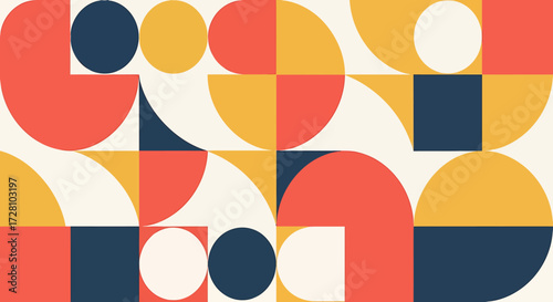 Geometric abstract pattern with colorful shapes, including circles, squares, and semi-circles, on a cream background. Free Download Geometric abstract pattern with colorful shapes, including circles, squares, and semi-circles, on a cream background. - GFXLoad