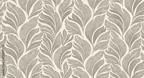 Seamless pattern with stylized leaves in neutral tones, creating a textured botanical design.