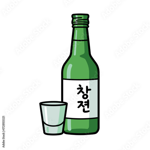 Green bottle soju with shot glass and korean text on the label, isolated on