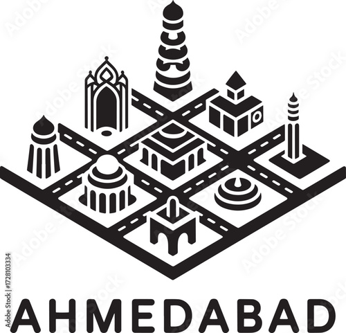 Ahmedabad city skyline isometric icon vector illustration featuring famous landmarks architecture