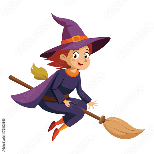 Halloween witch flying on broom cartoon illustration