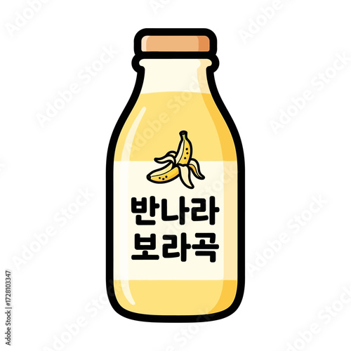 Handdrawn bottle banana milk with korean text and banana graphic