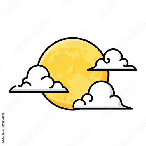 Full moon partially obscured by stylized cartoon clouds against