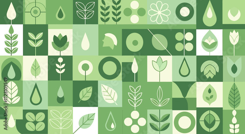 A vibrant mosaic of green geometric shapes and stylized natural elements, including leaves, flowers, and water droplets, arranged in a grid pattern.