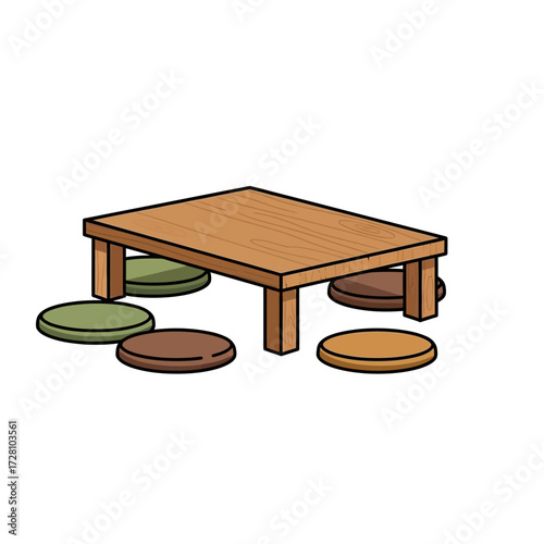 Simple cartoon drawing low wooden table with four round cushions placed around it, suggesting traditional seating arrangement, isolated on