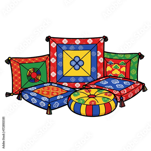 Collection colorful, patterned cushions in various square and round shapes, featuring traditional korean designs with geometric motifs and floral elements, isolated on